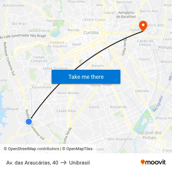 Av. das Araucárias, 40 to Unibrasil map