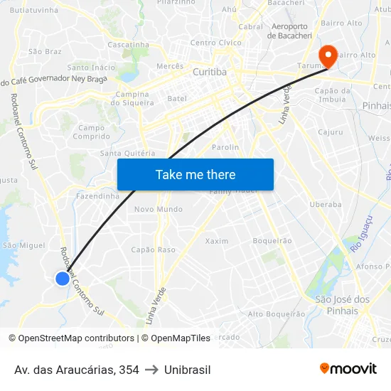 Av. das Araucárias, 354 to Unibrasil map
