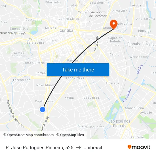 R. José Rodrigues Pinheiro, 525 to Unibrasil map