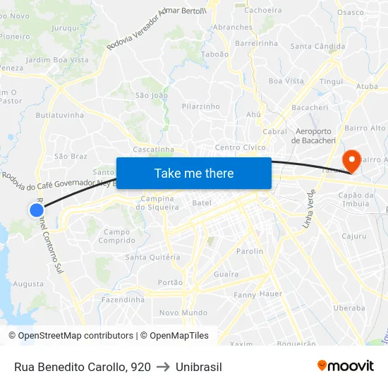 Rua Benedito Carollo, 920 to Unibrasil map