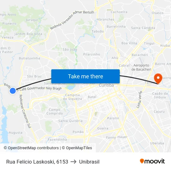 Rua Felício Laskoski, 6153 to Unibrasil map