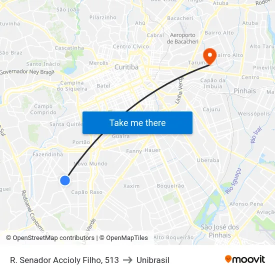 R. Senador Accioly Filho, 513 to Unibrasil map