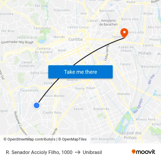 R. Senador Accioly Filho, 1000 to Unibrasil map