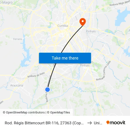 Rod. Régis Bittencourt BR-116, 27363 (Copel Subestação Umbará) to Unibrasil map