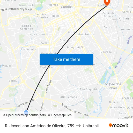 R. Jovenilson Américo de Oliveira, 759 to Unibrasil map