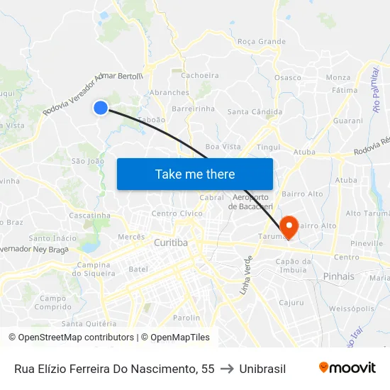 Rua Elízio Ferreira Do Nascimento, 55 to Unibrasil map