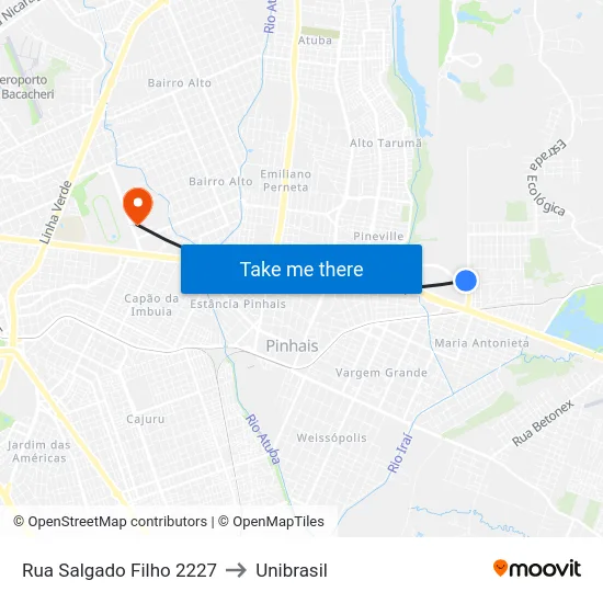 Rua Salgado Filho 2227 to Unibrasil map