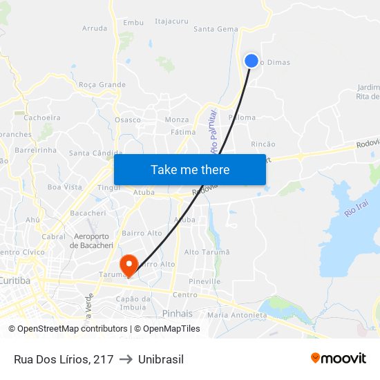 Rua Dos Lírios, 217 to Unibrasil map