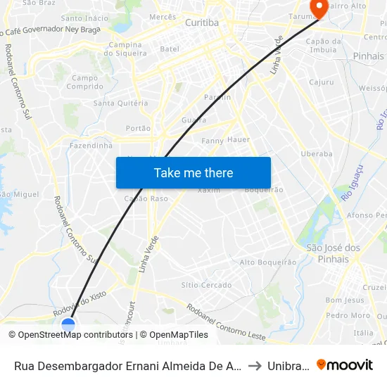 Rua Desembargador Ernani Almeida De Abreu to Unibrasil map