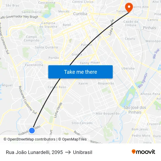 Rua João Lunardelli, 2095 to Unibrasil map