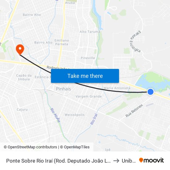 Ponte Sobre Rio Iraí (Rod. Deputado João Leopoldo Jacomel) to Unibrasil map