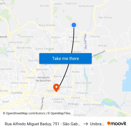 Rua Alfredo Miguel Baduy, 751 - São Gabriel to Unibrasil map