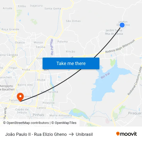 João Paulo II - Rua Elizio Gheno to Unibrasil map