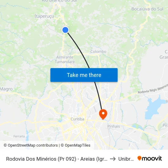 Rodovia Dos Minérios (Pr 092) - Areias (Igreja Matriz) to Unibrasil map