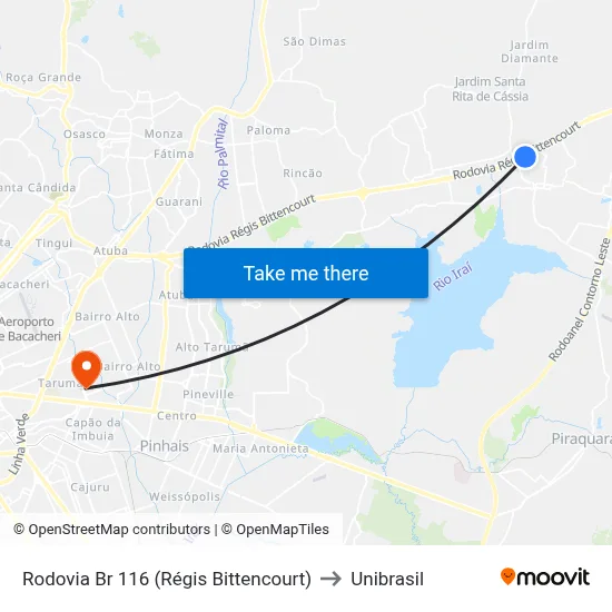 Rodovia Br 116 (Régis Bittencourt) to Unibrasil map