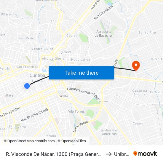 R. Visconde De Nácar, 1300 (Praça General Osório) to Unibrasil map
