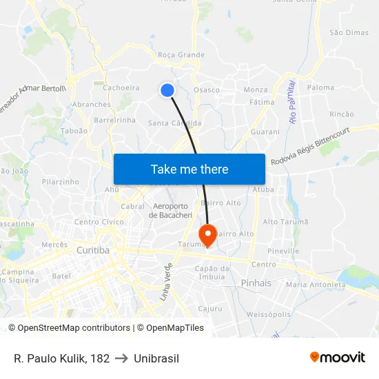 R. Paulo Kulik, 182 to Unibrasil map