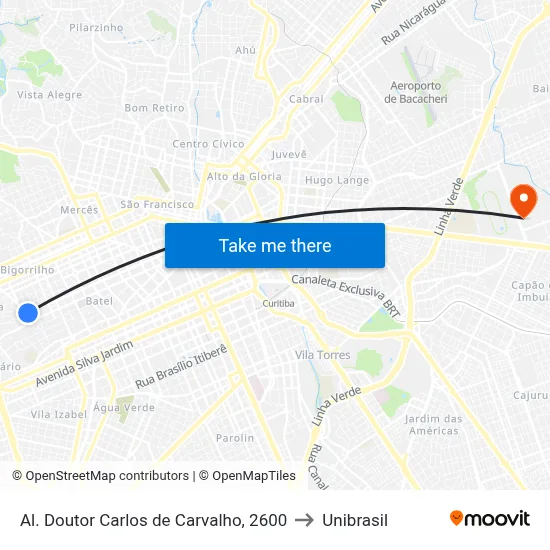 Al. Doutor Carlos de Carvalho, 2600 to Unibrasil map