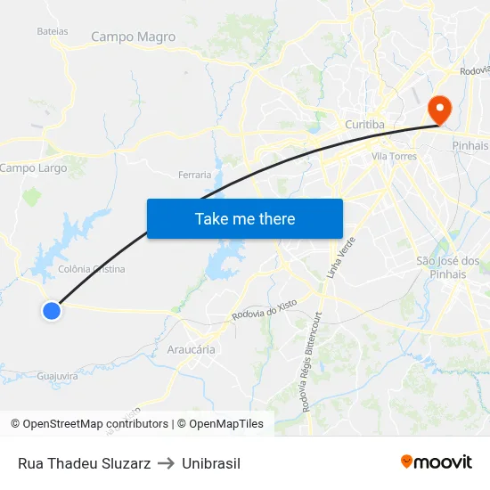 Rua Thadeu Sluzarz to Unibrasil map