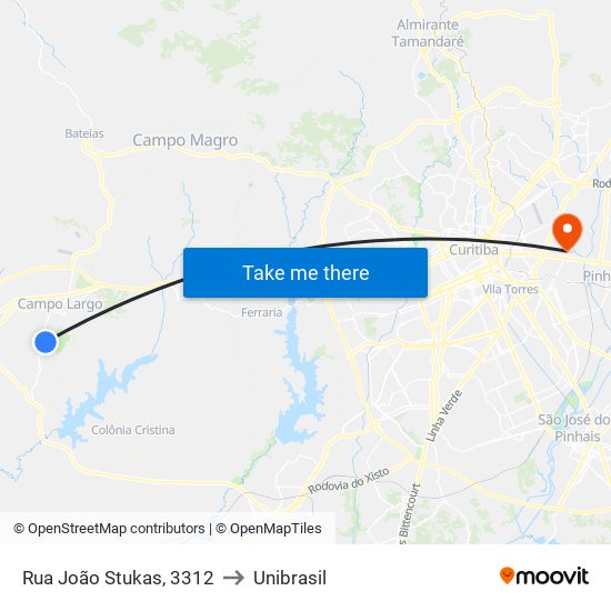 Rua João Stukas, 3312 to Unibrasil map
