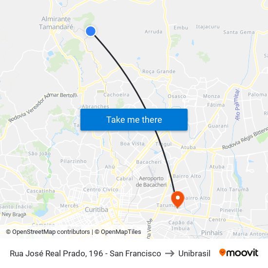 Rua José Real Prado, 196 - San Francisco to Unibrasil map