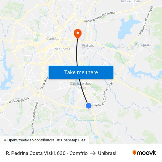 R. Pedrina Costa Viski, 630 - Comfrio to Unibrasil map
