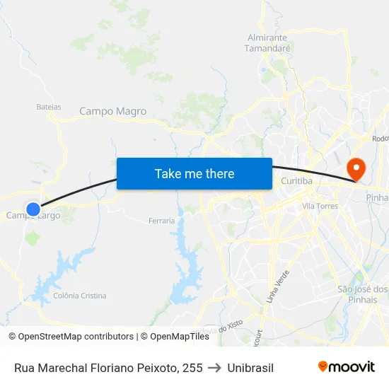 Rua Marechal Floriano Peixoto, 255 to Unibrasil map