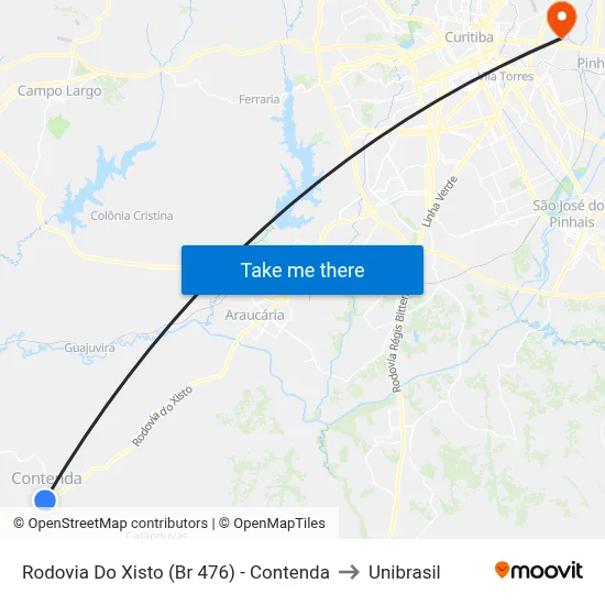 Rodovia Do Xisto (Br 476) - Contenda to Unibrasil map