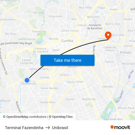 Terminal Fazendinha to Unibrasil map