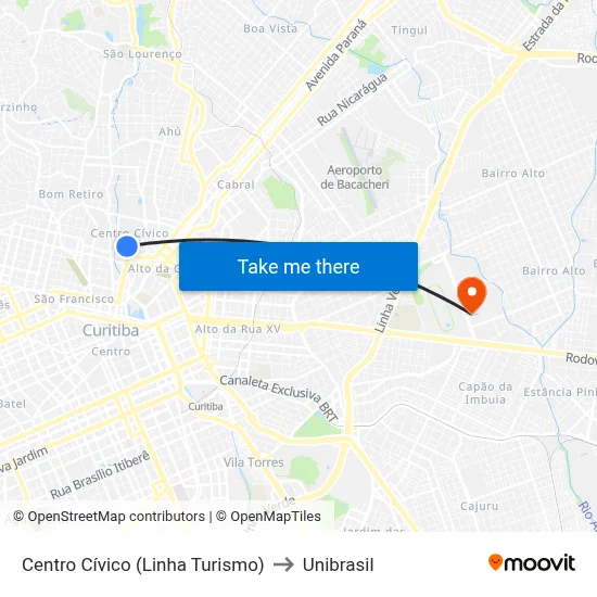 Centro Cívico (Linha Turismo) to Unibrasil map