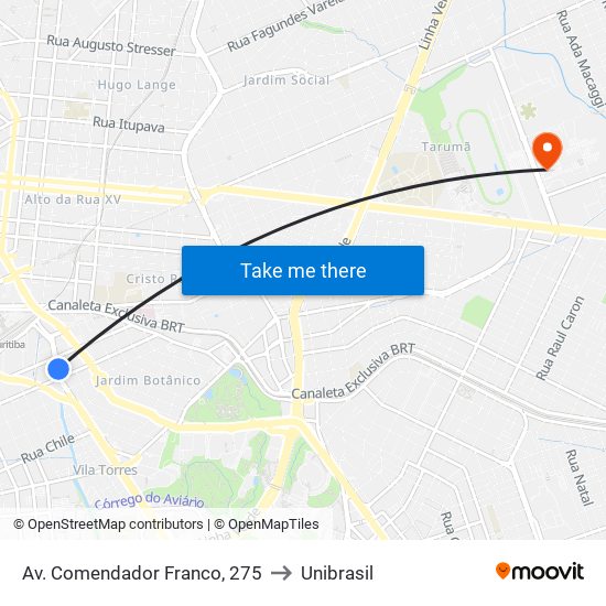 Av. Comendador Franco, 275 to Unibrasil map