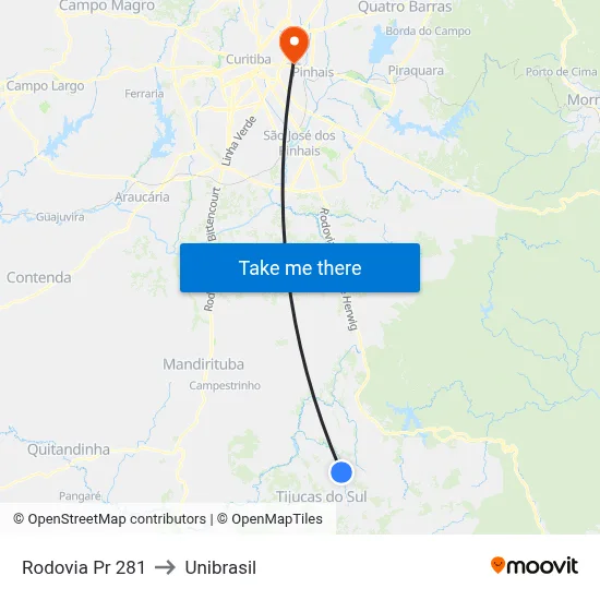 Rodovia Pr 281 to Unibrasil map