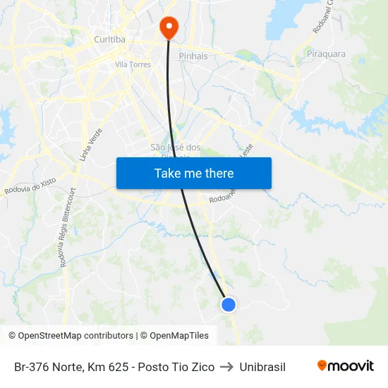 Br-376 Norte, Km 625 - Posto Tio Zico to Unibrasil map