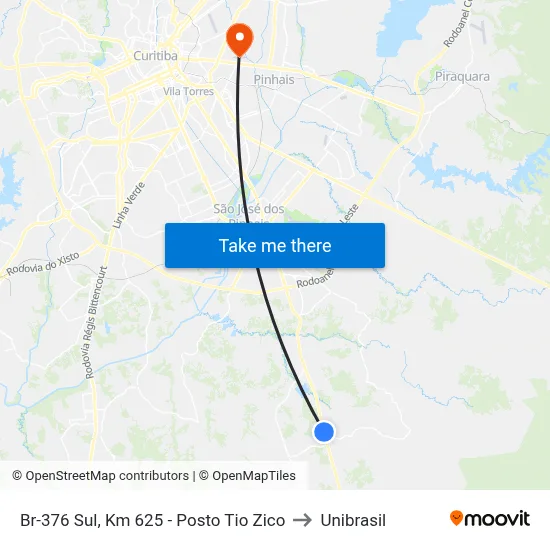 Br-376 Sul, Km 625 - Posto Tio Zico to Unibrasil map