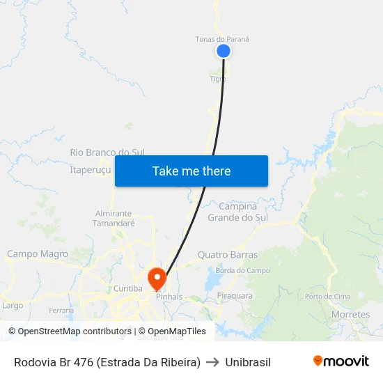 Rodovia Br 476 (Estrada Da Ribeira) to Unibrasil map