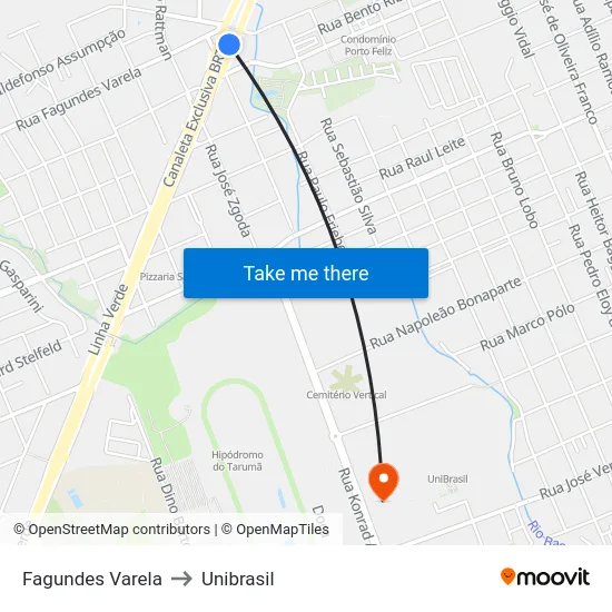 Fagundes Varela to Unibrasil map