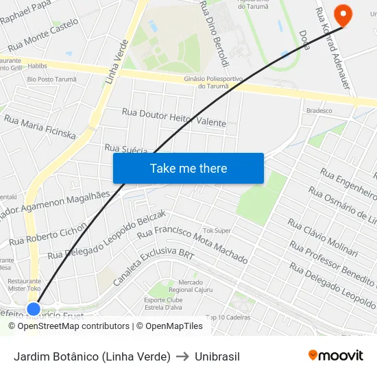 Jardim Botânico (Linha Verde) to Unibrasil map