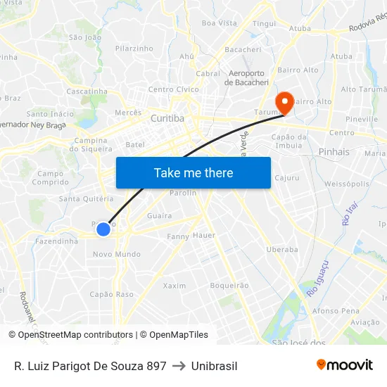 R. Luiz Parigot De Souza 897 to Unibrasil map