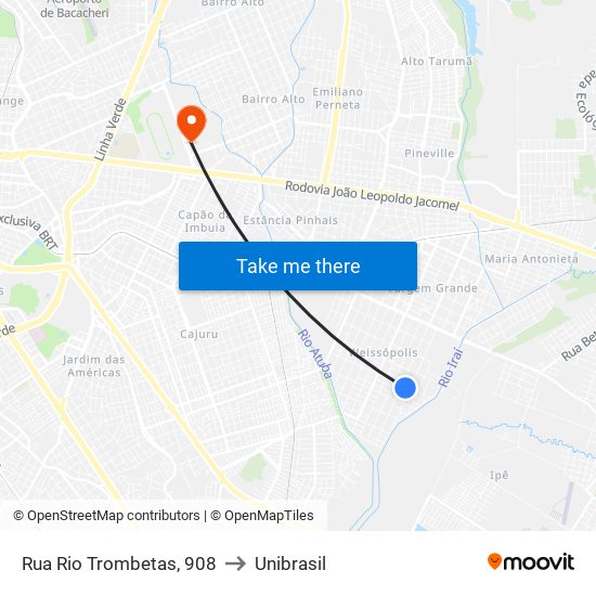 Rua Rio Trombetas, 908 to Unibrasil map