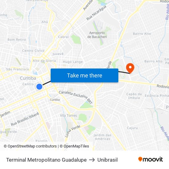 Terminal Metropolitano Guadalupe to Unibrasil map