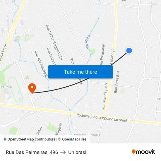 Rua Das Palmeiras, 496 to Unibrasil map