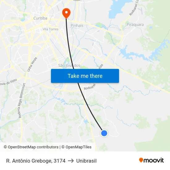R. Antônio Greboge, 3174 to Unibrasil map