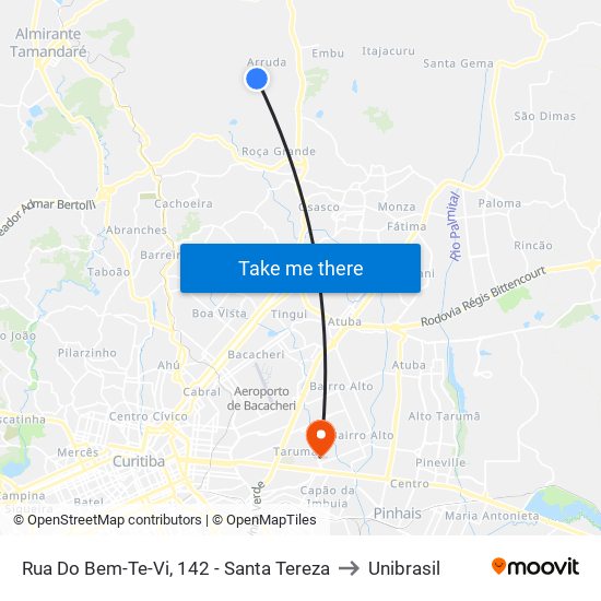 Rua Do Bem-Te-Vi, 142 - Santa Tereza to Unibrasil map