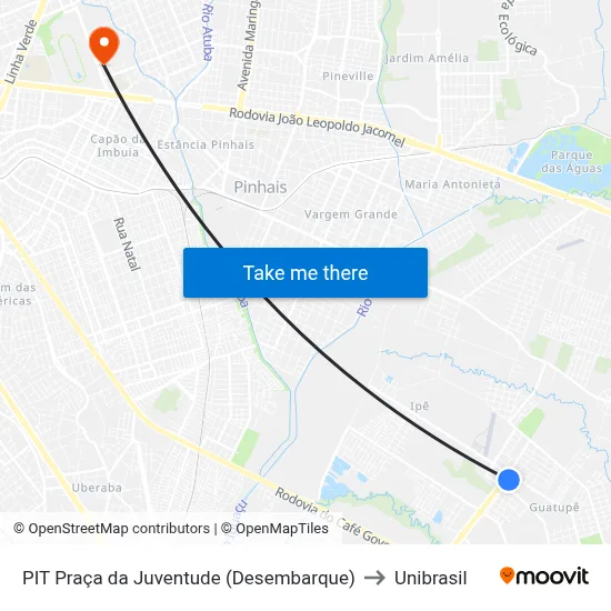 PIT Praça da Juventude (Desembarque) to Unibrasil map