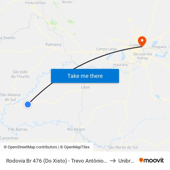 Rodovia Br 476 (Do Xisto) - Trevo Antônio Olinto to Unibrasil map