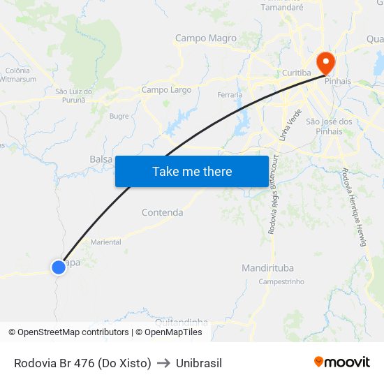 Rodovia Br 476 (Do Xisto) to Unibrasil map