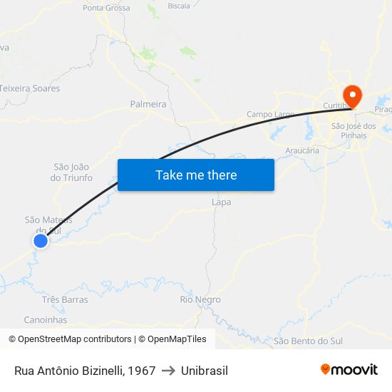 Rua Antônio Bizinelli, 1967 to Unibrasil map