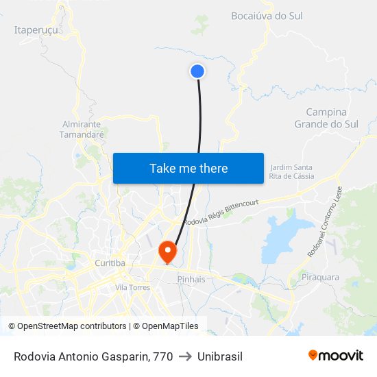 Rodovia Antonio Gasparin, 770 to Unibrasil map