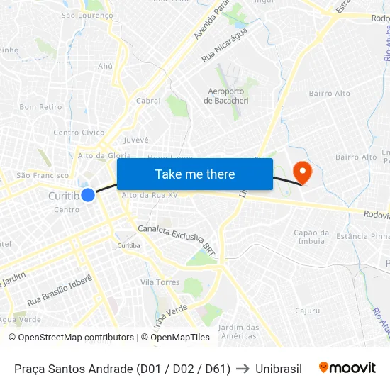 Praça Santos Andrade (D01 / D02 / D61) to Unibrasil map