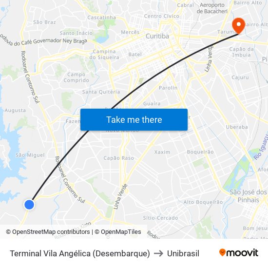 Terminal Vila Angélica (Desembarque) to Unibrasil map